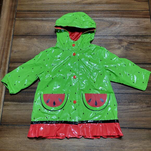 Wippette Kids Infants Green Watermelon Vinyl Hooded Rain Coat - Size 12M - Picture 1 of 8